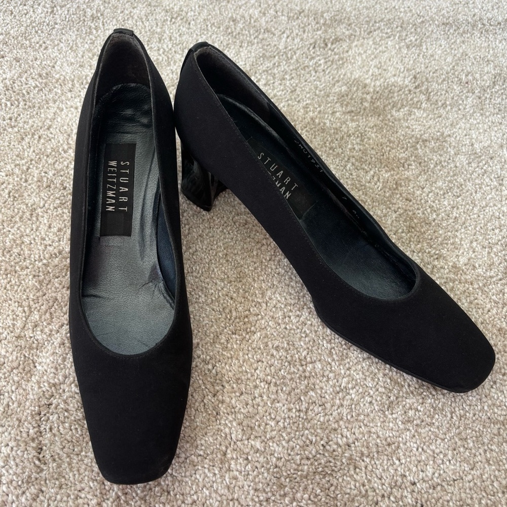 Stuart Weitzman Black Rounded Square Toe Block Heel Formal Professional Business